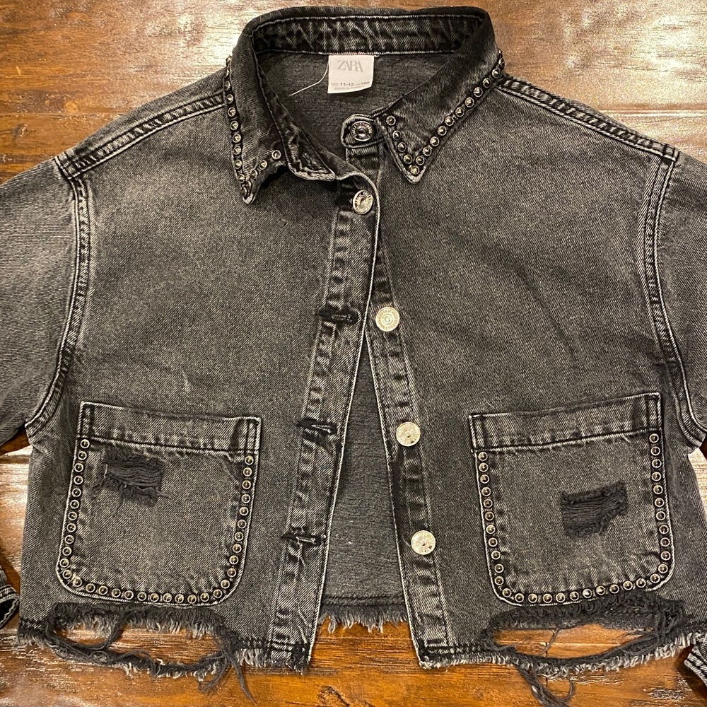 Zara Distressed Cropped Black Denim Jacket Girls Size 11-12 - Picture 3 of 10